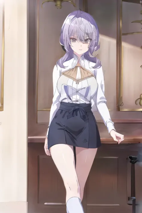 can you draw a woman in an office lady costume，Sleeveless suit，micro miniskirt,Expose your thighs、NAVY BLUE SUIT，white blouse，Navy Blue Mini Skirt，high heels，Can you draw big breasts，even with big breasts and a thin waist，beautiful legs,don't shave because...