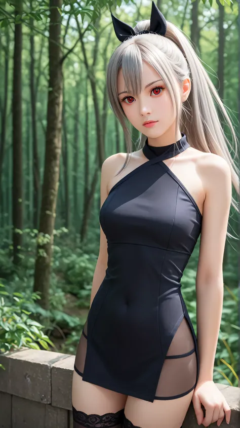 1girl, solo,eydish,red eyes,gray hair,long hair,outdoors,potrait,medium breast,forest,(half body:1.4),(bare shoulders:1.5),front view,standing inside stasis tank,navel,laboratory background,looking at viewer,(close up view:1.4),(wear stockings:1.3), black ...