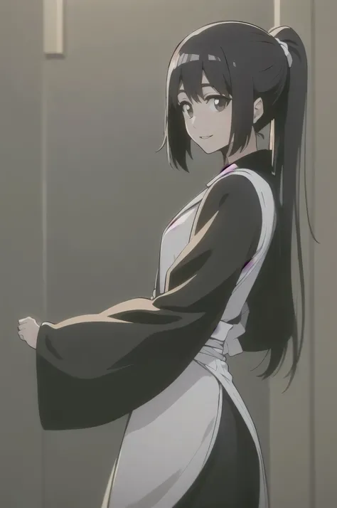 Masterpiece, top quality ,
one girl from the side , romantic love , black hair, single , ponytail, Vancouver, brown eyes,
Hair bangs,
kimono, white sleeveless coat , black kimono ,
smile, alone, I'm looking for , simple background,...