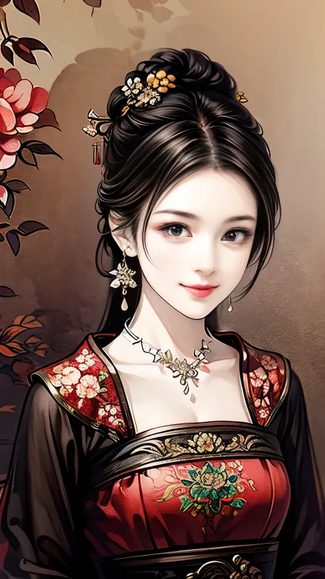 💋💖😊 ( beautiful woman in China), traditional Chinese clothes, Elegant white floral pattern on sophisticated red satin , perfect face, Smile Yan, perfect style, Well-shaped medium chest, earrings, necklace, Old-fashioned beauty painting symbolizing China...