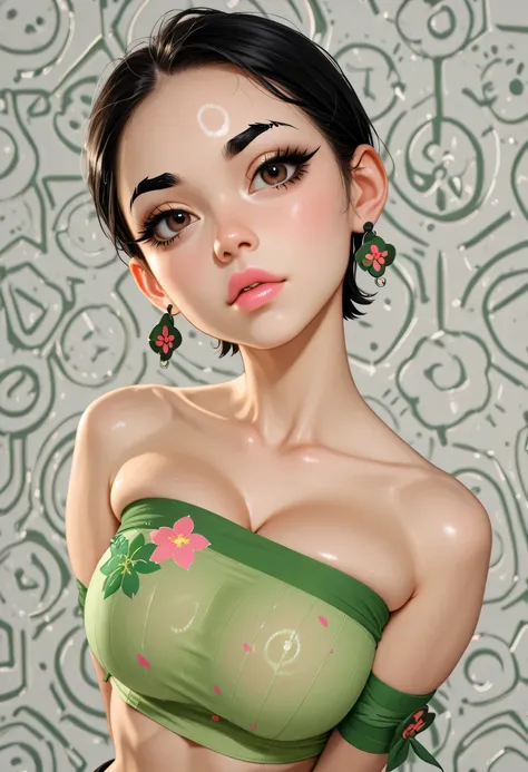 black hair, short hair, (forehead), (green band head), black thin eyebrows, dark brown eyes, black eyelashes, nose, normal lips, pink lips, huge breasts, (green tube top), metal background