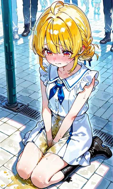 Ga、Ashy、Blush、teary eyes、pee、incontinence、lots of pee、white skirt、boots、seiza、City、Crowds、from above、Highest image quality、4k、8k、watercolor