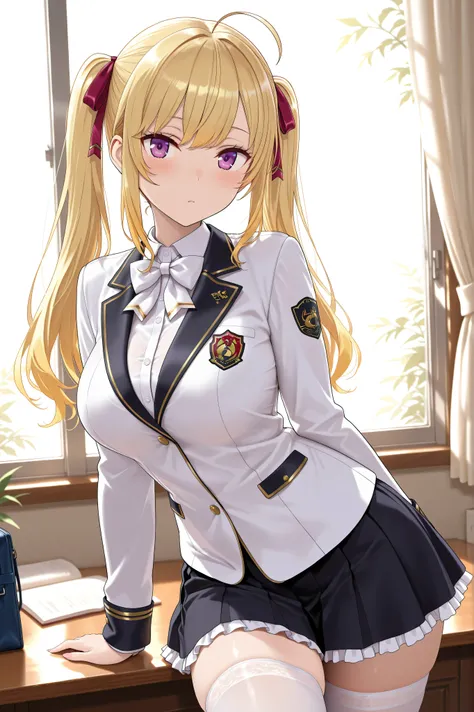 solo,masterpiece,best quality, amazing quality, highres, absurdres, very aesthetic, high resolution, ultra detailed, perfect details,nijirion,large breasts,purple eyes,blonde hair,twintails,ahoge,hair ribbon,nijirioncos,white shirt,white bowtie,white jacke...
