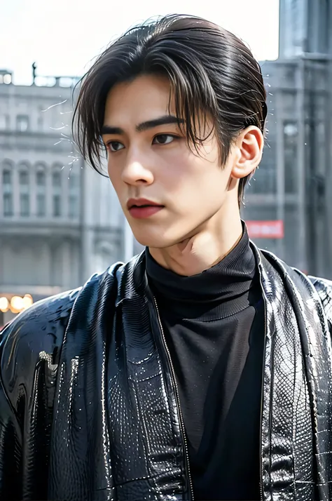 A 21-year-old Asian man, Thick eyebrows, Melon seed face, Handsome face, Men's full body, The background city night street view, Time is night, Deep blue sky, A full moon, his skin is fair, He is slender, the limbs have pronounced muscle lines, high-defini...