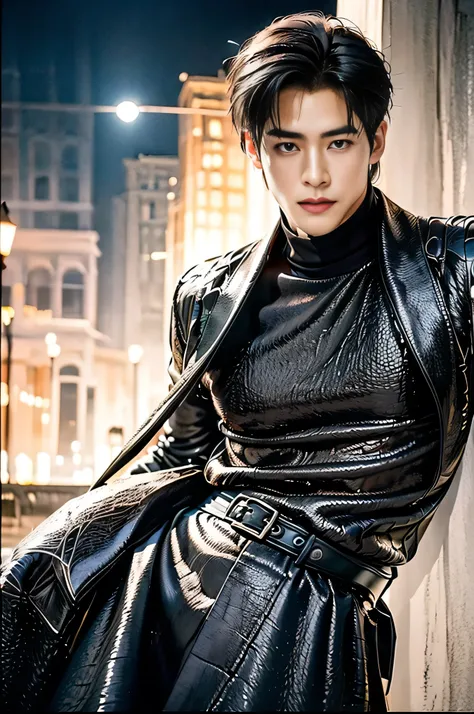 A 21-year-old Asian man, Thick eyebrows, Melon seed face, Handsome face, Men's full body, The background city night street view, Time is night, Deep blue sky, A full moon, his skin is fair, He is slender, the limbs have pronounced muscle lines, high-defini...