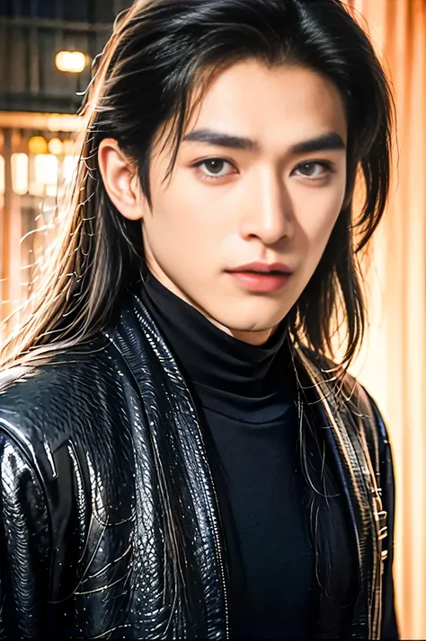 A 21-year-old Asian man, Thick eyebrows, Melon seed face, Handsome face, Men's full body, The background city night street view, Time is night, Deep blue sky, A full moon, his skin is fair, He is slender, the limbs have pronounced muscle lines, high-defini...