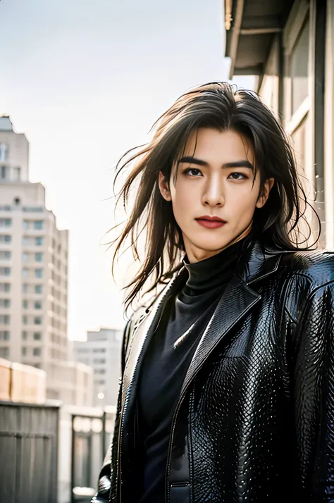 A 21-year-old Asian man, Thick eyebrows, Melon seed face, Handsome face, Men's full body, The background city night street view, Time is night, Deep blue sky, A full moon, his skin is fair, He is slender, the limbs have pronounced muscle lines, high-defini...