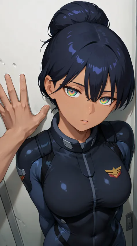 nyaan \(gundam gquuuuuux\),tan,anime,(1boy,Zeon soldier,from above,pov hand on wall,povkabedon,solo focus),breasts press,(cowboy shot,upper body,close-up),1girl,Nyaan,dark skin female,expressionless,parted_lips,arms behind back,nyaan,slender,hair between e...