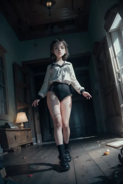 (masterpiece, highest quality),  (night's ghost mansion), One Girl, young teen, Black gymnastics bloomers, High leg、white blouse, walking in night ghost house、Anxious expression, Emotional, Wide-angle, dark, Best Shadow, watercolor,ghost、devil、Death Strike...