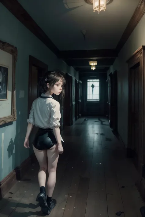 (masterpiece, highest quality),  (night's ghost mansion), One Girl, young teen, Black gymnastics bloomers, High leg、white blouse, walking in night ghost house、Anxious expression, Emotional, Wide-angle, dark, Best Shadow, watercolor,ghost、devil、Death Strike...