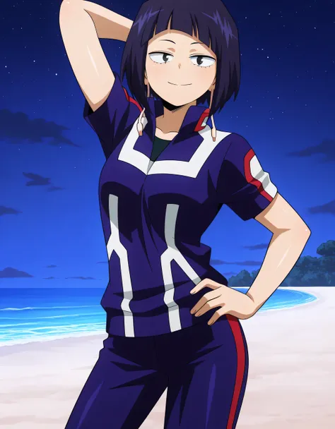 illujiro, short hair, bangs, long earlobes, purple hair, black hair, black eyes,
(u.a. gym uniform:1.5), short sleeves, pants, anime screencap, shiny skin, high quality, solo, night sky, beach, hand behind head, hand on hip, ((contrapposto)), closed mouth,...