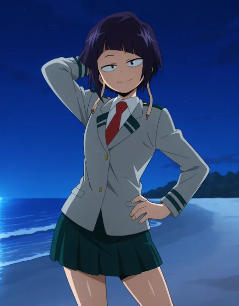 illujiro, short hair, bangs, long earlobes, purple hair, black hair, black eyes,
u.a. school uniform, red necktie, jacket, pleated skirt, anime screencap, shiny skin, high quality, solo, night sky, beach, hand behind head, hand on hip, ((contrapposto)), cl...