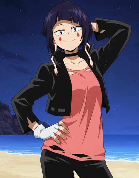 illujiro, short hair, bangs, long earlobes, purple hair, black hair, black eyes,
facial mark, black jacket, collarbone, choker, white gloves, fingerless gloves, pants, pink shirt, anime screencap, shiny skin, high quality, solo, night sky, beach, hand behi...