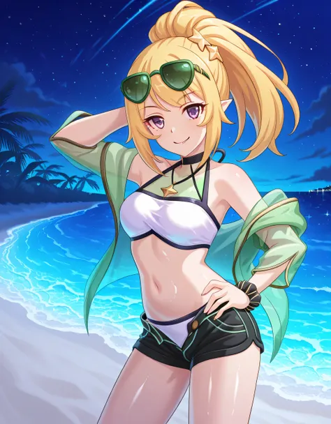 chloewinterPCR, long hair,blonde hair, hair ornament, navel, bare shoulders, purple eyes, jacket, swimsuit, ponytail, sidelocks, bikini, thighs, open clothes, pointy ears, midriff, off shoulder, stomach, open jacket, short shorts, halterneck, black choker,...