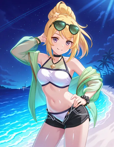 chloewinterPCR, long hair,blonde hair, hair ornament, navel, bare shoulders, purple eyes, jacket, swimsuit, ponytail, sidelocks, bikini, thighs, open clothes, pointy ears, midriff, off shoulder, stomach, open jacket, short shorts, halterneck, black choker,...