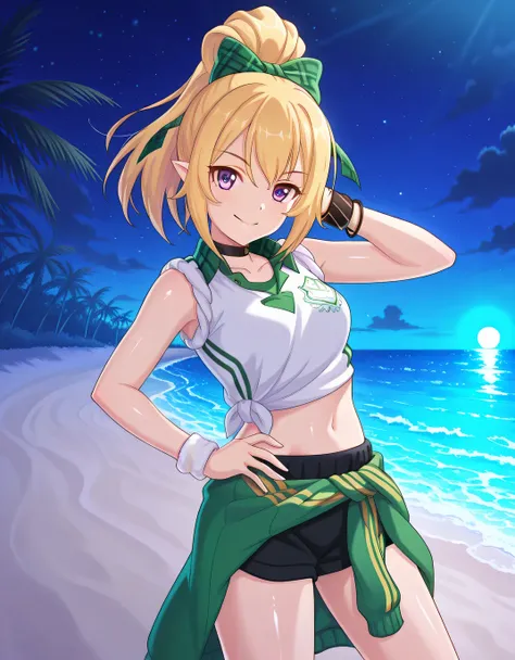 chloefesPCR, long hair, blonde hair, navel, bare shoulders, purple eyes, collarbone, jacket, white shirt, ponytail, hair bow, sleeveless, pointy ears, midriff, collared shirt, plaid, short shorts, sleeveless shirt, black choker, black shorts, high ponytail...