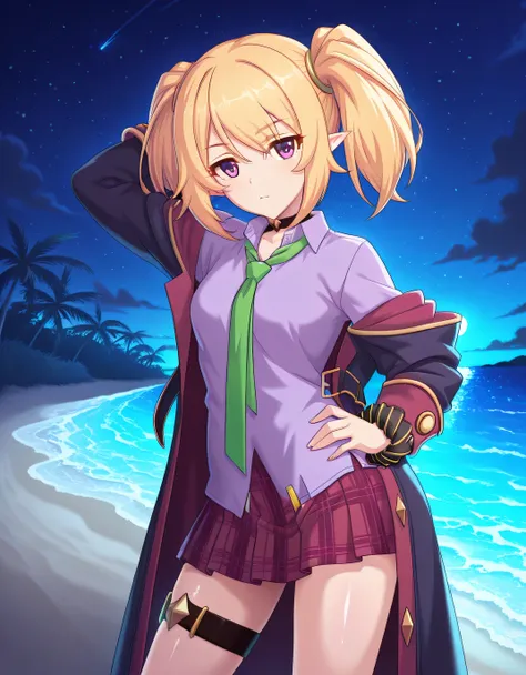 chloePCR, blonde hair, shirt, long sleeves,twintails, purple eyes, sidelocks, pleated skirt, open clothes, pointy ears, collared shirt, miniskirt, off shoulder, thigh strap, red skirt, black choker, plaid skirt, purple shirt,black coat, wrist scrunchie, gr...