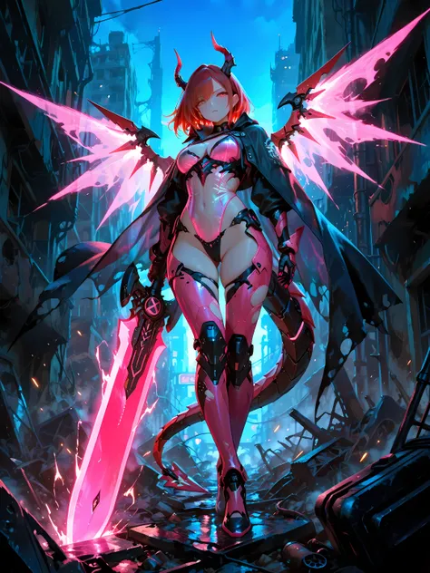 muses_in_dark,SmoothNoob_Quality,SmoothNegative_Hands,masterpiece, best quality, very aesthetic, absurdres,full body, 1girl,female warrior,armor, neon lights, see-through holographic clothing, see-through torn cape, dragon horns, mechanical tail, mecha gir...