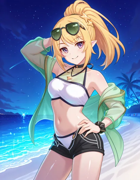 chloewinterPCR, long hair,blonde hair, hair ornament, navel, bare shoulders, purple eyes, jacket, swimsuit, ponytail, sidelocks, bikini, thighs, open clothes, pointy ears, midriff, off shoulder, stomach, open jacket, short shorts, halterneck, black choker,...