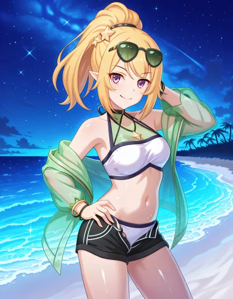 chloewinterPCR, long hair,blonde hair, hair ornament, navel, bare shoulders, purple eyes, jacket, swimsuit, ponytail, sidelocks, bikini, thighs, open clothes, pointy ears, midriff, off shoulder, stomach, open jacket, short shorts, halterneck, black choker,...