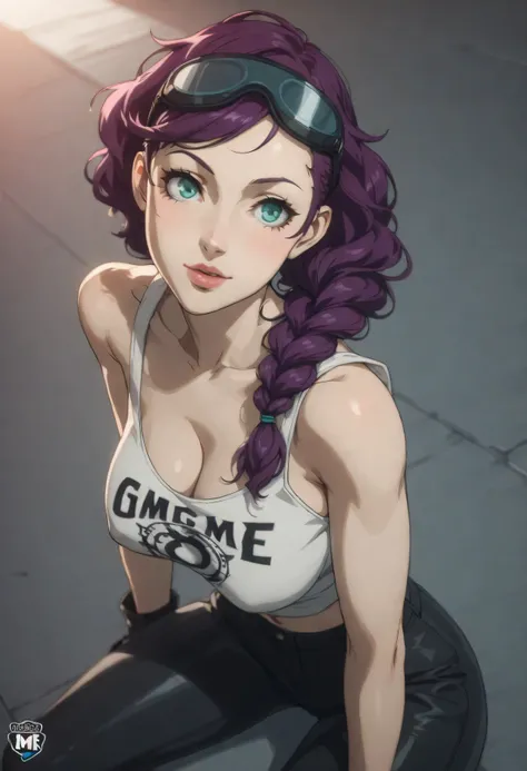 Persona 5 Character Style. Seductive woman. be half angel, half devil. Futuristic Goggles on forehead. Purple Hair with White Highlights. Braided pigtails hair. Teal eyes with red accents. Bladed gloves. Big Breasts. Black and Orange Hip Hop Hoodie and Pan...