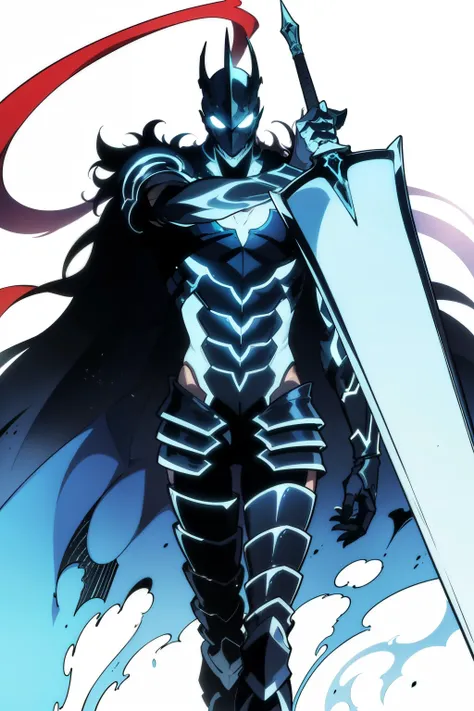Solo Leveling, Igris in his iconic shadow form, ultra-detailed anime-style illustration, full body, standing tall with long and slender proportions, sleek and elongated limbs, wearing seamless jet-black shadow armor that absorbs light like Vantablack, cont...