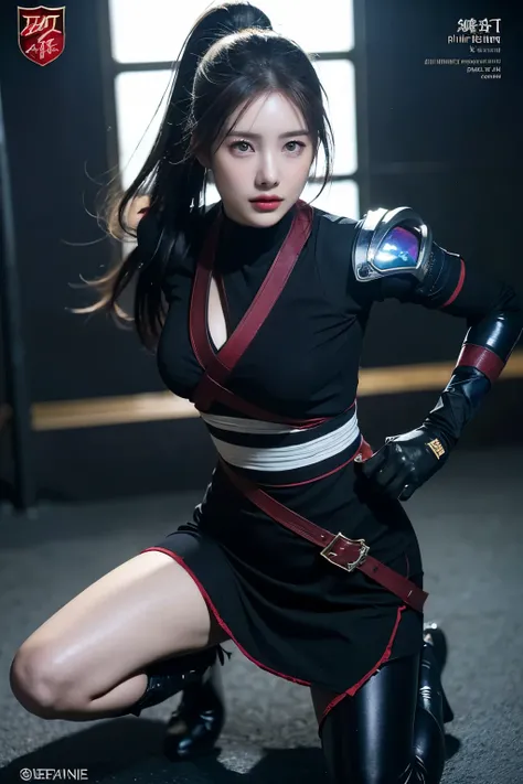 "MAGAZINE COVER, ultra-detailed anime key visual, 8K cinematic. Female tactical operator in advanced military : NINJA uniform, brass epaulettes, carbon-fiber chest armor with hexagonal plates, crimson silk RED neckerchief. Dual-wields combat rifles with ho...