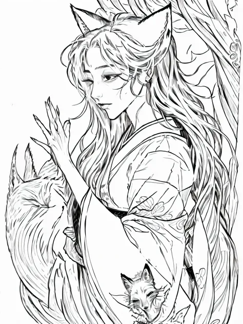 a beautiful japanese fox yokai woman, side profile, visible fox ears, elaborate traditional hairstyle, long flowing white hair, serene and mysterious expression, wearing a highly detailed floral kimono with traditional hair ornaments, holding a fox mask or...