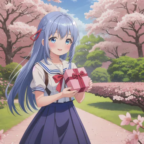 A breathtakingly beautiful 20-year-old woman stands in a lush park filled with cherry blossoms in full bloom beneath a clear blue sky. She wears a classic sailor uniform and gently holds a small, neatly wrapped gift box adorned with a red ribbon. Her radia...