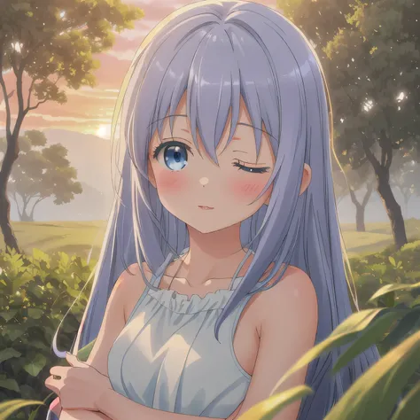 A breathtakingly beautiful 20-year-old woman stands in a lush green park at sunset, bathed in the warm golden light of the evening sun. Facing forward, her eyes gently closed, cheeks slightly flushed, and her face tilted upward as if anticipating a kiss, s...