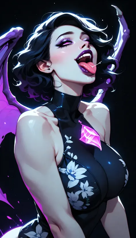 Seductive blacklight creature. be half angel, half devil. Intricate floral skin. Flawless appearance. dnd character.  dnd. ((Ahegao with Ass Visible)), Tongue Out, ((Eye Focus Breast Focus, Tongue Focus)), glowing