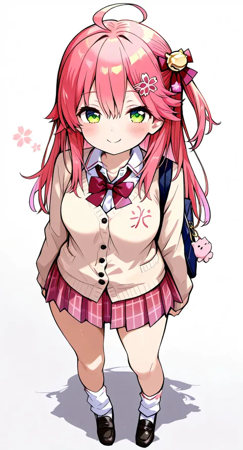 Sakura miko,hololive,masterpiece,high quality,1 girl,full body,standing,extremely detailed face,smile, White background, Official illustration, front view, school uniform, clothed, bright highlights in eyes, 