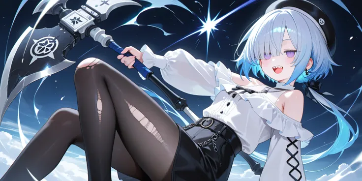 、High Quality、、 boyish girl、motion blur effect 、 black hat  、Hair Accessory、Blue hair、double teeth、low ponytail、Stupid hair、damaged black pantyhose、solo、、 Casual white goth fashion showing off both shoulders、detailed depiction、4K、8k、Extremely detailed、HDR、...