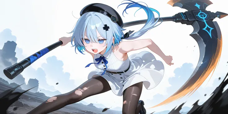 、High Quality、、 boyish girl、motion blur effect 、 black hat  、Hair Accessory、Blue hair、Double teeth low ponytail、Stupid hair、damaged black pantyhose、solo、、 casual white dress showing both shoulders、detailed depiction、4K、8k、Extremely detailed、HDR、super high ...