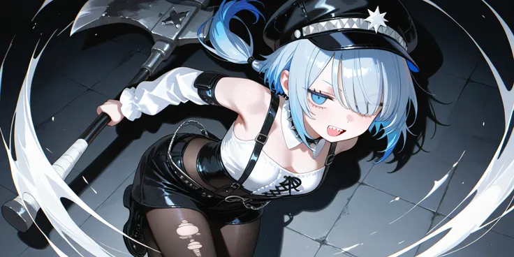 、High Quality、、 boyish girl、motion blur effect 、 black hat  、Hair Accessory、Blue hair、Double teeth、low ponytail、Stupid hair、damaged black pantyhose  、solo、、 casual white punk rock wear、detailed depiction、4K、8k、Extremely detailed、HDR、super high resolution、、...
