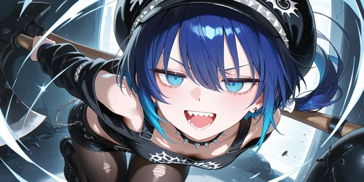 、High Quality、、 boyish girl、motion blur effect 、 black hat  、Hair Accessory、Blue hair、Double teeth、low ponytail、Stupid hair、damaged black pantyhose  、solo、、 casual white punk rock wear、detailed depiction、4K、8k、Extremely detailed、HDR、super high resolution、、...