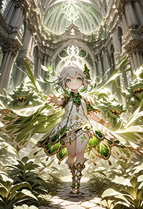 It looks like Nahida's white-based clothes are waging a battle with monsters with magic
