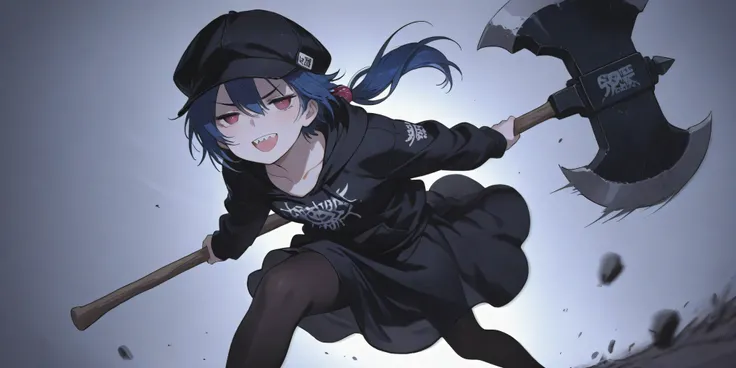 、High Quality、、 boyish girl、motion blur effect 、 black hat  、Hair Accessory、Blue hair、Double teeth、low ponytail、Stupid hair、damaged black pantyhose  、solo、、 casual white punk rock wear、detailed depiction、4K、8k、Extremely detailed、HDR、super high resolution、、...