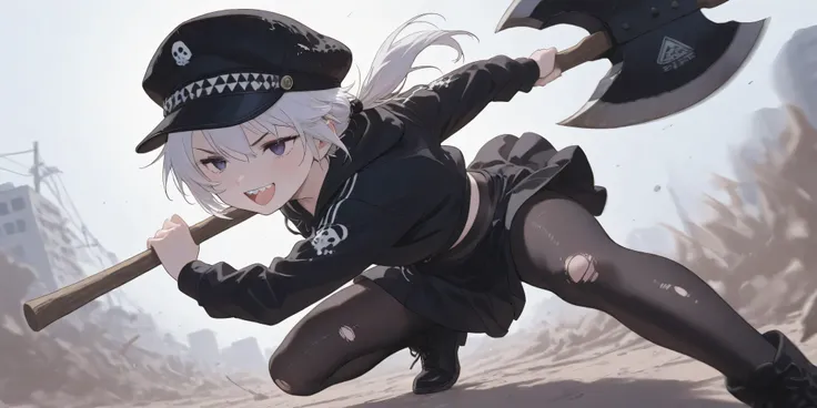 、High Quality、、 boyish girl、motion blur effect 、 black hat  、Hair Accessory、Double teeth、low ponytail、Stupid hair、damaged black pantyhose  、solo、、 casual white punk rock wear、detailed depiction、4K、8k、Extremely detailed、HDR、super high resolution、、非常にdetaile...