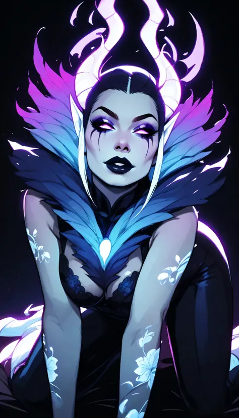 Seductive blacklight creature. be half angel, half devil. Intricate floral skin. Flawless appearance. dnd character.  dnd. ((Seductive Pose. ON ALL FOURS, Crawling)), lips uckered, ((Eye Focus Breast Focus, seductive Focus)), glowing