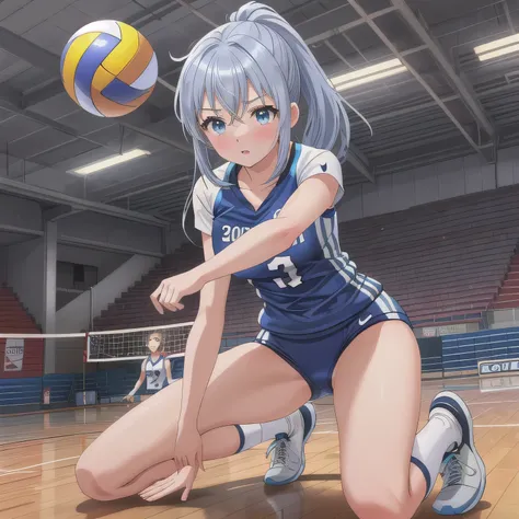 A breathtakingly beautiful 20-year-old woman soars into the air on a volleyball court inside a brightly lit gymnasium, preparing to spike the ball with precision and power. Her athletic form is accentuated by a sleek, form-fitting uniform, and her intense ...