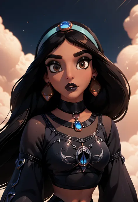  ultra-high quality, best quality, 8K, UHD, very aesthetic,(musterpiece), (best quality), very detailed eyes,Jasmine, dark skin, brown eyes,,wearing (goth clothes:1.6),detailed eyes, detailed face,cool background