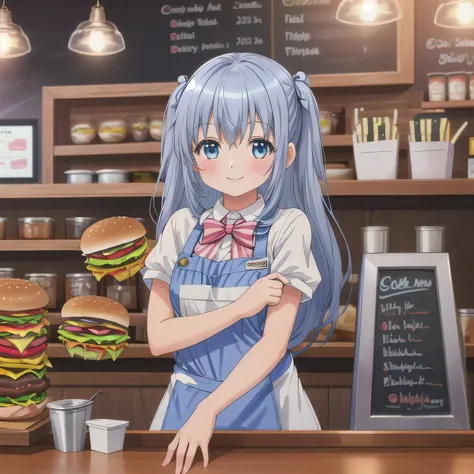 She is a cheerful girl working behind the counter at a cozy burger shop. She is wearing a cute burger shop uniform and smiling warmly at the customers. The background shows a bright and clean fast food counter with menu boards. Long hair, blue hair, blue e...