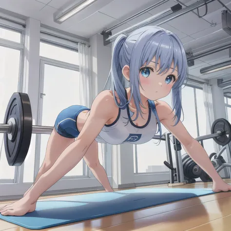 A person doing a plank exercise on a mat in a fitness gym, minimal equipment, bright interior.  Long hair, blue hair, blue eyes.