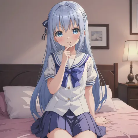 A cute anime girl wearing a Japanese schoolgirl sailor uniform. She is sitting on a bed in a cozy, plush-filled girl's bedroom. Her hands are lightly clasped in front of her mouth, as if holding something invisible. Her expression is dreamy and happy, with...