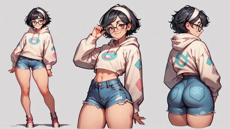 masterpiece, best quality, highres, ultra detailed, full body, solo, anime style, soft lighting, highly detailed skin, highly detailed eyes, smooth shading, pastel tones, 1girl, transgirl, tight hoodie, tight denim shorts, tall, thick thighs, bubble butt, ...