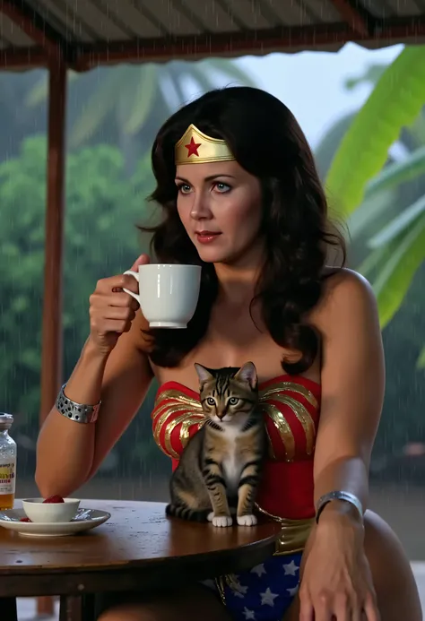 “Lynda Carter’s Wonder Woman, medium close-up under a rusted tin roof as monsoon rains pour around her. She sips tea with one hand while the other shields a curious kitten taking shelter beside her. Her wet hair clings to her cheeks, and her expression is ...