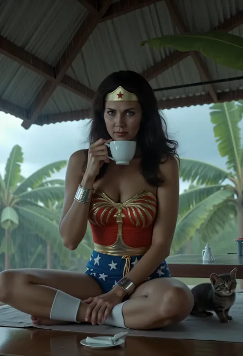 “Lynda Carter’s Wonder Woman, medium close-up under a rusted tin roof as monsoon rains pour around her. She sips tea with one hand while the other shields a curious kitten taking shelter beside her. Her wet hair clings to her cheeks, and her expression is ...