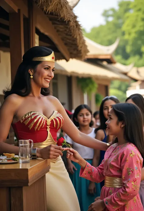 “Medium close-up of Wonder Woman (Lynda Carter) turning slightly, smiling kindly at a group of wide-eyed ren gathered behind her at a tea stall. She holds a glass of tea and leans on the wooden counter, her golden tiara catching light. Her body language is...