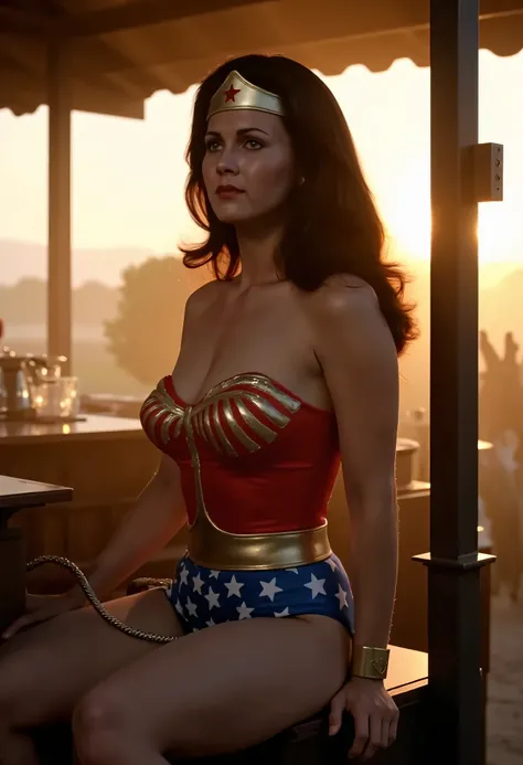 “Medium close-up of Wonder Woman (Lynda Carter) sitting at a quiet tea stall at dawn, tea glass in hand, staring into the golden light just over the horizon. Her armor gleams faintly in the morning mist. A rooster crows in the distance. She looks pensive, ...